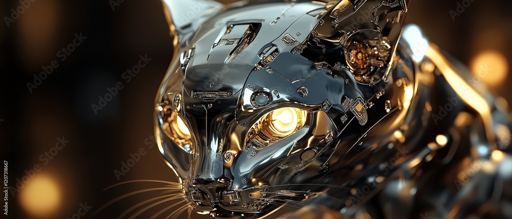 Poster robotic cat design with metallic features showcasing advanced technology and futuristic aesthetics. 