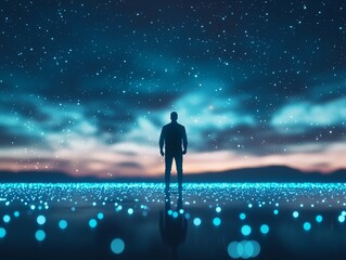 Fototapeta premium A silhouette of a person stands amidst a vibrant, starry sky and glowing blue lights, creating a serene and dreamy atmosphere.