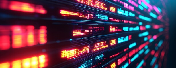 Obraz premium A vibrant, digital display featuring glowing rows of data and colorful lights, creating a futuristic and dynamic atmosphere.