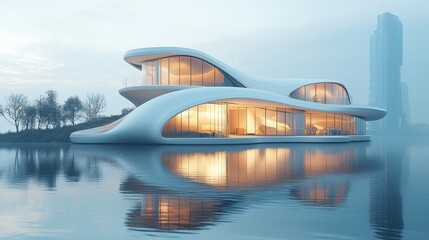 Modern architectural marvel: an elegant, futuristic house on water with stunning reflective surfaces and contemporary design elements