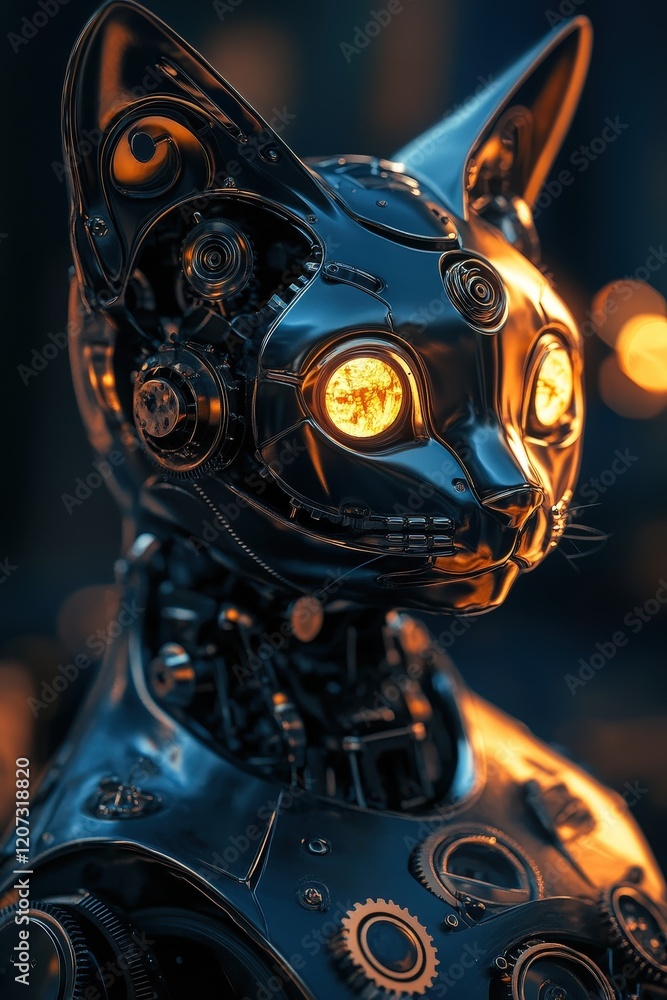 Poster robot cat statue with intricate gears and glowing eyes, showcasing a blend of technology and art in 