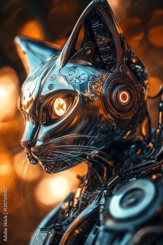 Poster robot cat concept with metallic features and glowing elements, combining technology and creativity f