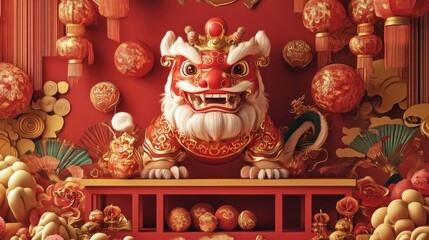 Obraz premium Chinese New Year Lion Dance Festive Decoration