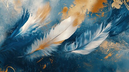 Blue gold marble feather art print design