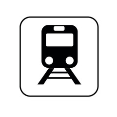 A schematic depiction of a train on tracks within a square frame. Used to denote train stations, railway routes, or rail transport networks.