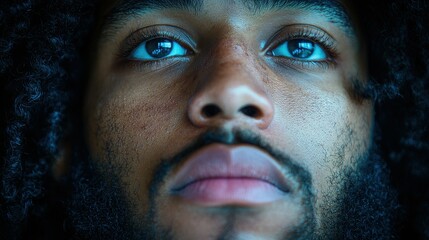 A young man with curly hair stares intensely, his expression reflecting deep thought and emotion. The lighting highlights his facial features and captivating blue eyes
