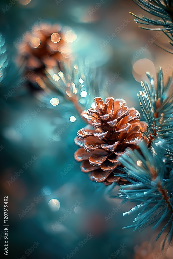 Poster pine cones hanging on branches with soft bokeh background in a winter forest setting, capturing natu