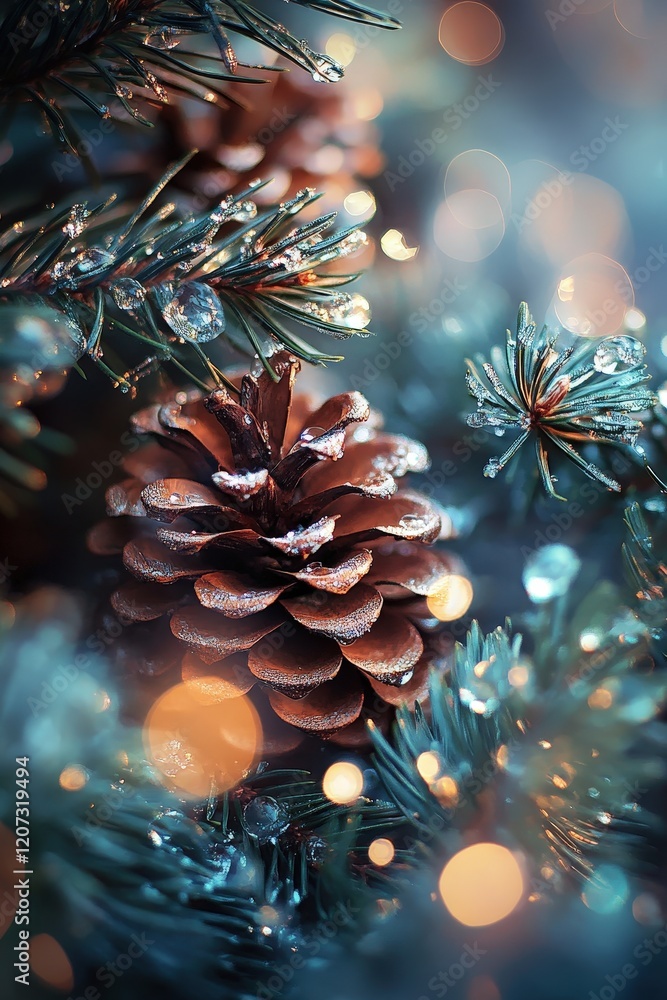 Poster pine cone on evergreen branches surrounded by warm bokeh lights creating a festive atmosphere. holid