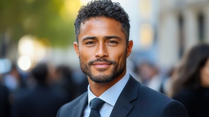 Fototapeta premium A young man wearing a tailored suit stands outdoors, smiling confidently against a backdrop of people at a social gathering. The atmosphere is lively and vibrant