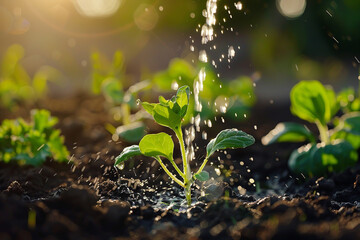 A small green young plant is being watered with a watering can, life, growth and renewal. Water is falling on the soil around the plant