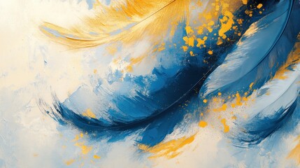 Abstract blue, gold feather art; textured background, website design