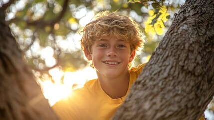 Joyful Teenage Boy Climbing Tree in Sunlight with Tousled Blond Hair - Dynamic Composition