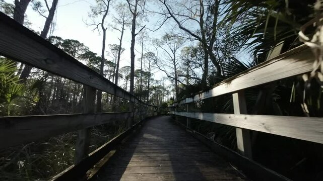 Drone shot along wooden path at Mattie Kelly Park and Nature Walk in Destin