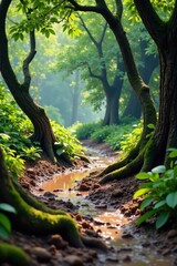 Obraz premium Muddy terrain with twisted tree trunks and overgrown vegetation, mud, foliage