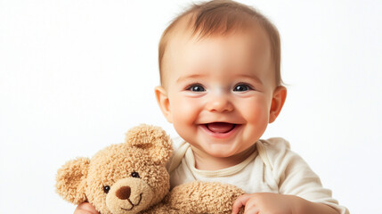 Adorable smiling baby holding a teddy bear on a soft white background, with a joyful expression