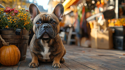 hyperrealistic French Bulldog sits attentively on wooden deck surrounded by autumn decorations, including pumpkin and vibrant flowers, with cozy outdoor market in background
