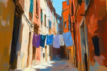Narrow alleyway in a colorful village with clothes hanging on a line, showcasing vibrant architecture and local life, perfect for travel or cultural projects.