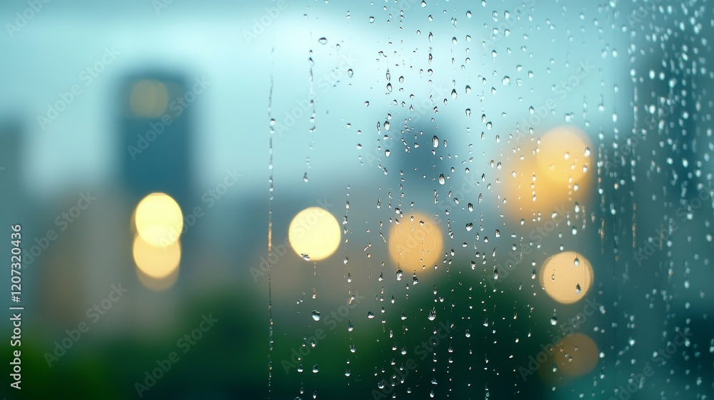 Aufkleber Close-Up of Raindrops on a Window Pane with Blurred City Lights in the Background During a Rainy Day Creating a Calm and Reflective Atmosphere