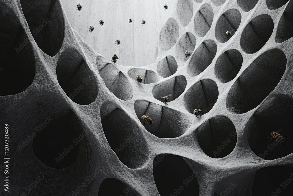 Poster bees navigating a complex, abstract, grey honeycomb structure.