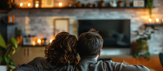 Fototapeta premium Back view of adult couple watching TV at home while sitting on sofa. Comfort and simplicity of spending time at home.