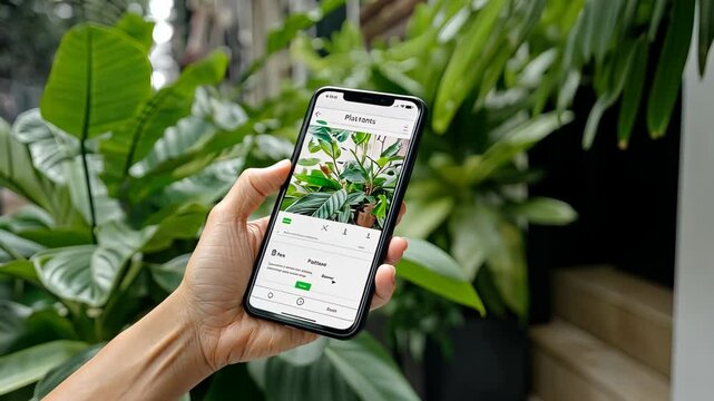 Engaging with helpful plant care tips on a smartphone amidst lush greenery and vibrant indoor plants outside a house