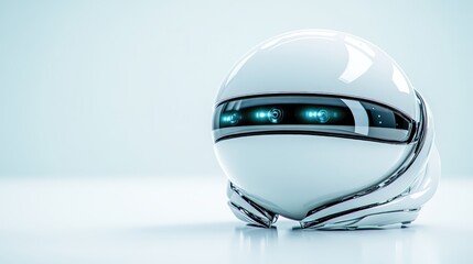 This image features a sleek, modern robotic sphere designed with a shiny white exterior and captivating blue eyes, perfect for depicting technology's evolution.