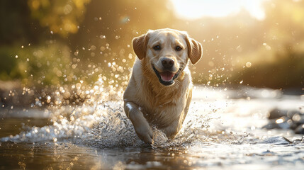 joyful Labrador Retriever splashes through sunlit stream, surrounded by nature golden glow, capturing essence of happiness and energy in serene outdoor setting