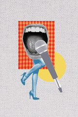 Vertical sketch 3d artwork collage poster of anonym girl instead head mouth sing microphone karaoke...