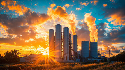Obraz premium vibrant industrial landscape featuring smokestacks against sunset sky, showcasing beauty of industry and nature