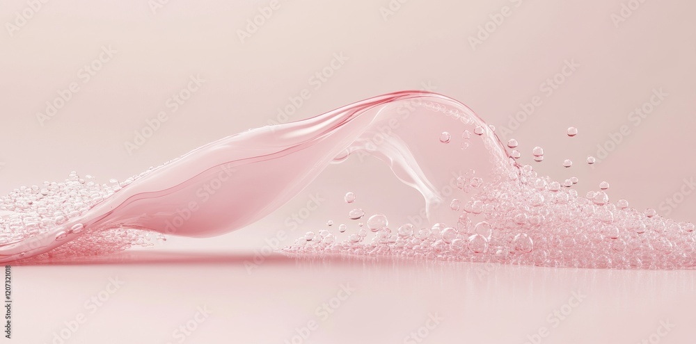 Poster mesmerizing pink liquid waves, adorned with bubbles, create a lively visual effect against a vibrant