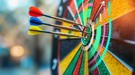Capture exhilarating moment as vibrant darts pierce target, showcasing precision and focus