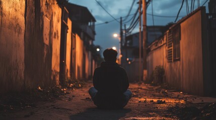 Fototapeta premium Man meditates in dimly lit alleyway at night.