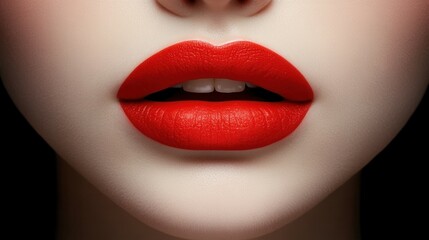 Fototapeta premium The image features a close-up of beautifully styled lips painted in vibrant red, highlighting the details of the makeup. The background is dark, enhancing the brightness of the lips