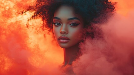 Woman in Dramatic Red and Orange Clouds
