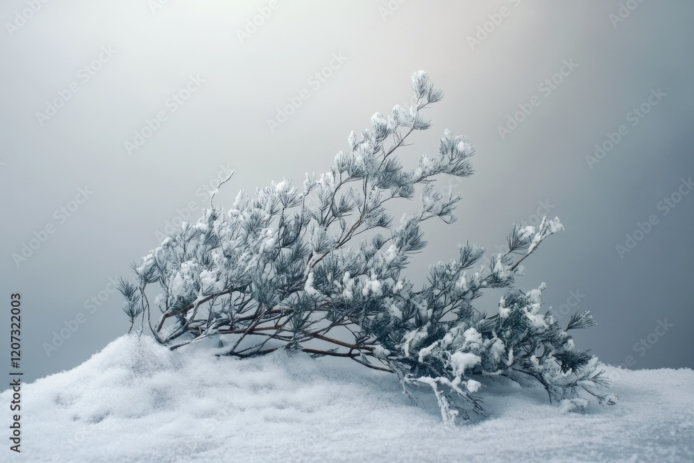 Poster snow-covered pine branch rests on a pristine snowdrift against a muted background.