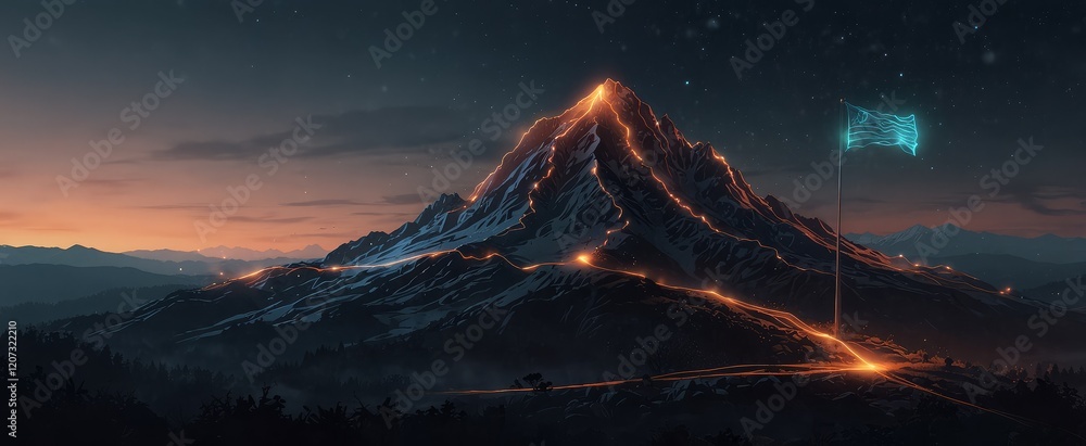 Wall mural a futuristic vector design of a mountain with a glowing path and a wireframe flag, illustrating the 