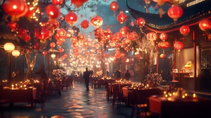 Enchanted Evening Street Scene with Glowing Red Lanterns