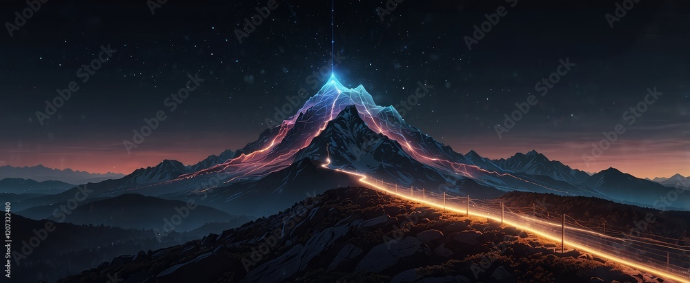 Wall mural a futuristic vector design of a mountain with a glowing path and a wireframe flag, illustrating the 