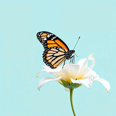 A butterfly is perched on a white flower. Concept of tranquility and beauty, as the delicate butterfly rests on the vibrant flower. The combination of the butterfly's bright colors