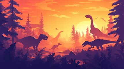 A pack of dinosaurs moving through a wild Jurassic landscape, with a mix of towering trees, volcanic activity, and ancient terrain framing their journey. © ORG