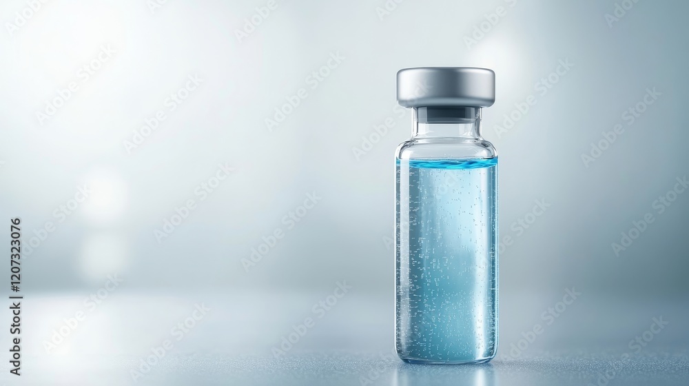 Poster clear glass vial with blue liquid, featuring modern design and bubbles, placed on smooth surface in 