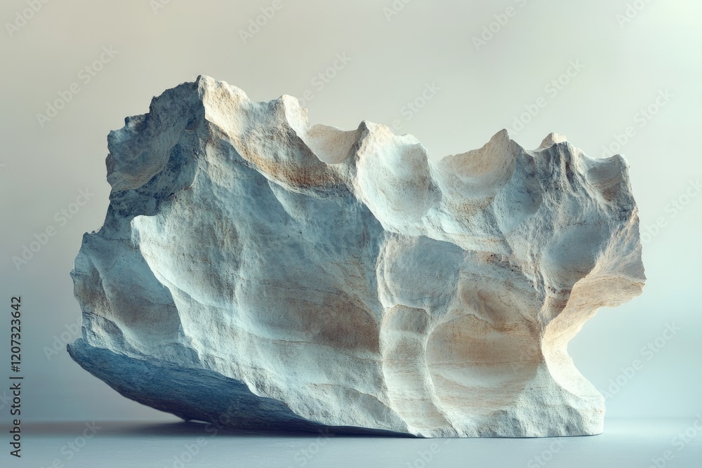 Poster abstract rendering of a large, light-colored rock formation with intricate textures and cavernous ho