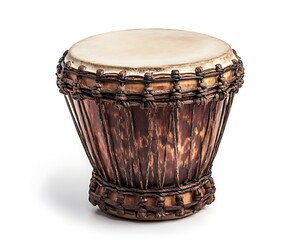 A djembe drum with a light tan head and a dark brown wood base sits in isolation against a white background.
