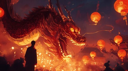 Fototapeta premium Fiery Dragon Amidst Glowing Lanterns at Night Festival