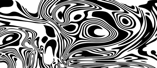 Abstract wavy line psychedelic background. Vector black and white hypnotic twirl. Twisted waves optical Illusion pattern. Retro Y2k aesthetic groovy distorted swirl pattern. Hippie 70s background