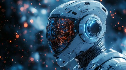 Fototapeta premium Futuristic astronaut with a reflective helmet showcasing a starry visual and vibrant cosmic elements in a deep space setting