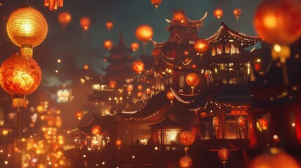 Magical Nighttime Cityscape with Glowing Lanterns