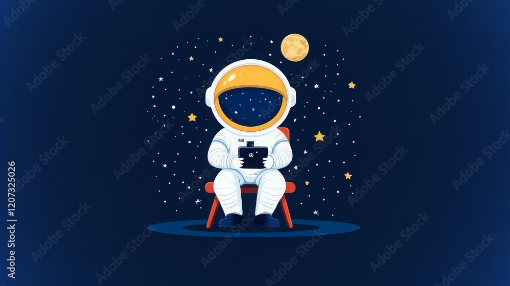 Aufkleber astronaut tracks daily expenses while seated under a distant moon in outer space