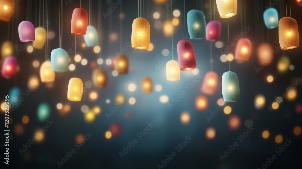 Poster a captivating display of colorful hanging lanterns illuminating a dreamy background with soft bokeh 