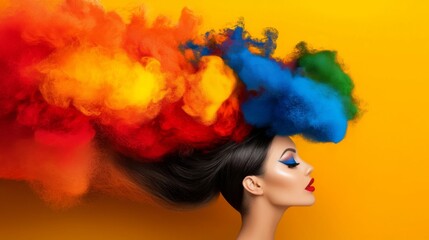 Bright colors and artistic hairstyle create a vibrant portrait against a yellow background